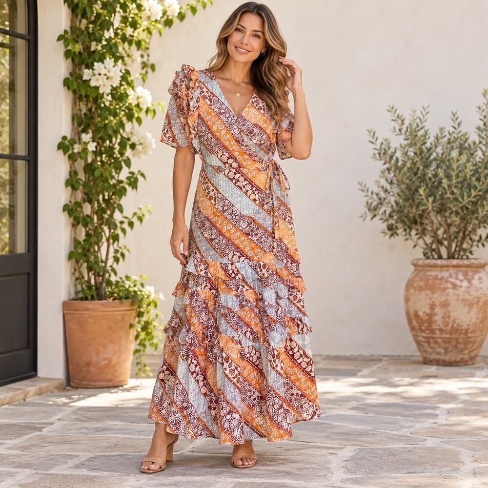 Sam Edelman Wrap Maxi Dress Medium Orange Blue Floral Ruffle Boho Cotton
